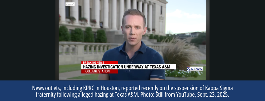 A screenshot of a male TV news anchor in a blue shirt in front of a large building