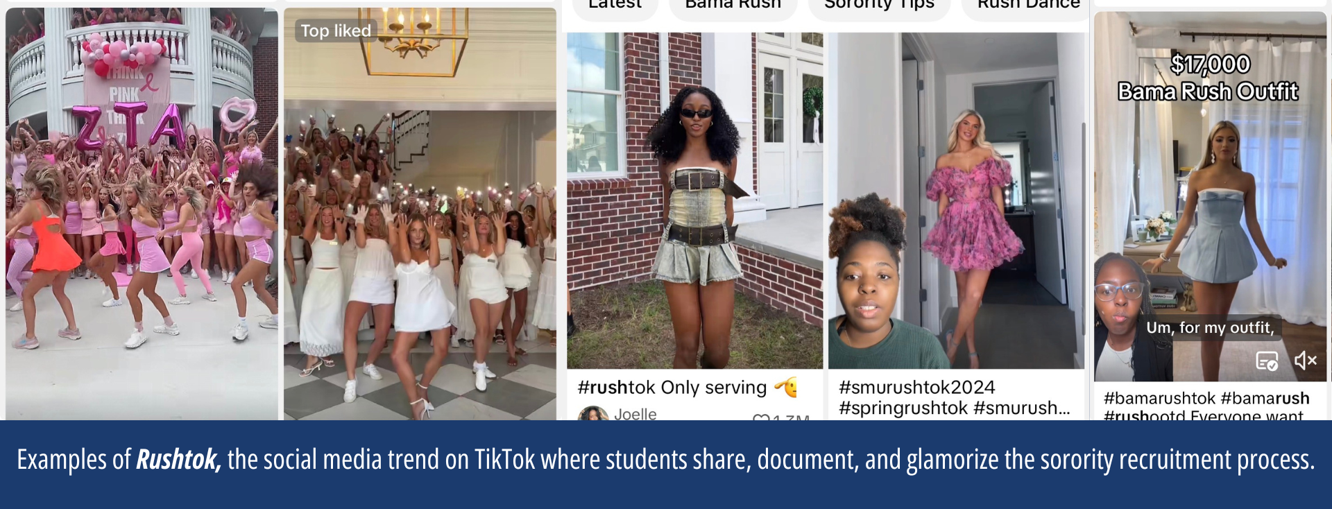 Image displaying examples of the rushtok trend through screenshots of tiktoks